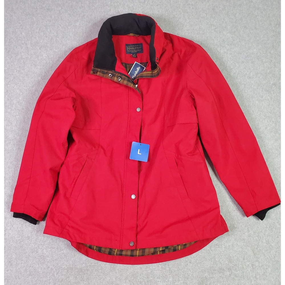 Pendleton Jacket Womens Large Red Hooded Lined Zip Plaid Lining‎ Mid Length